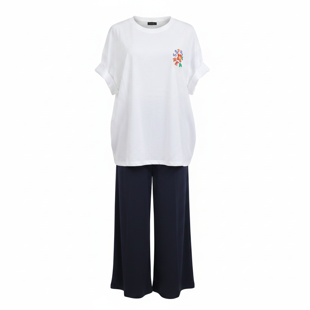 White smiley graphic oversized tee and navy wide-leg palazzo trouser set ghost mannequin full outfit view
