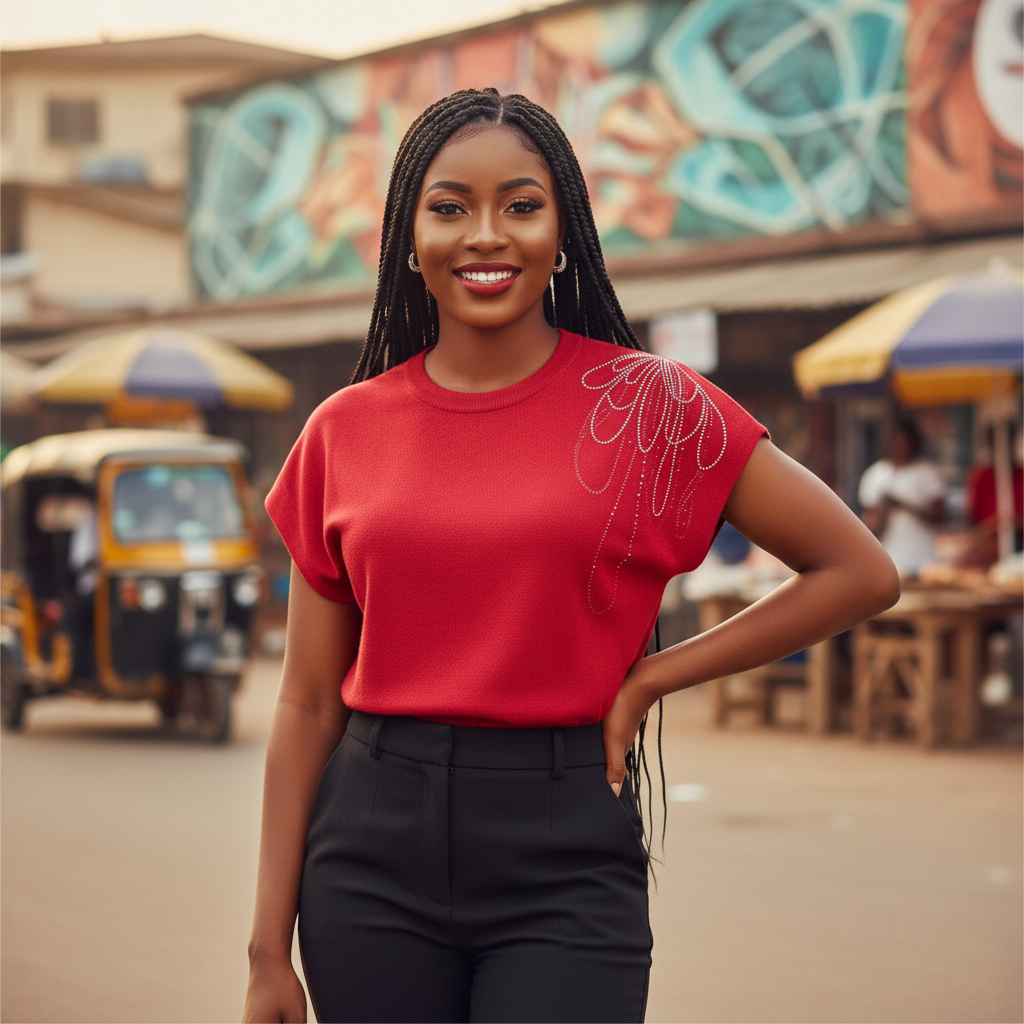 Young Nigerian female wearing red rhinestone drape knit cap sleeve top