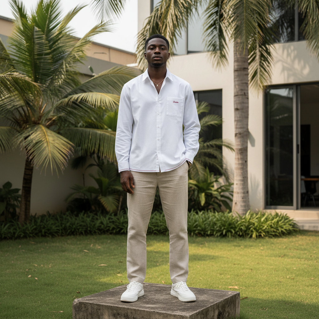 Men's White Long Sleeve Button-Up Shirt – Nigerian Male Model Shot