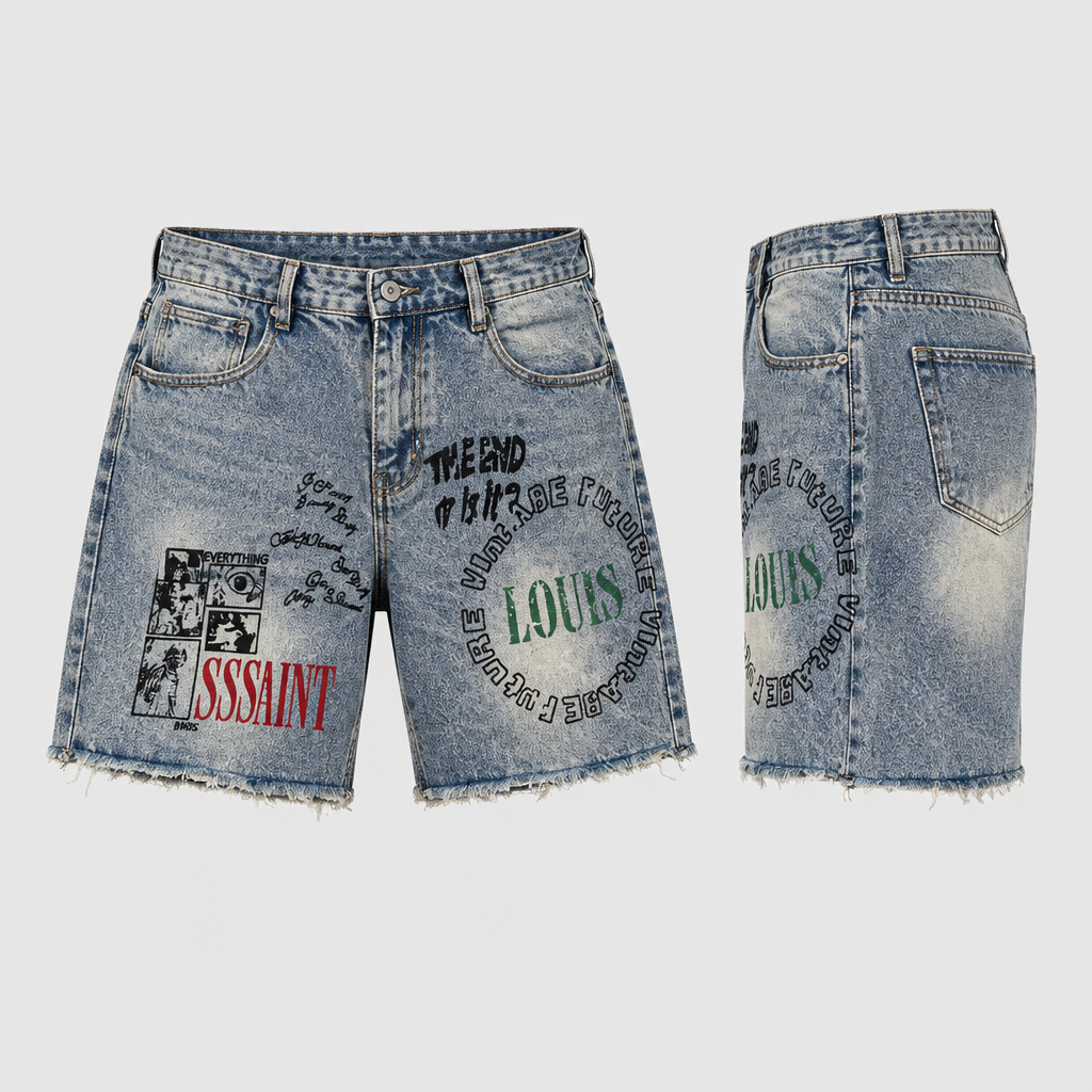 Light grey-blue denim shorts with multicolour graphics and frayed hems