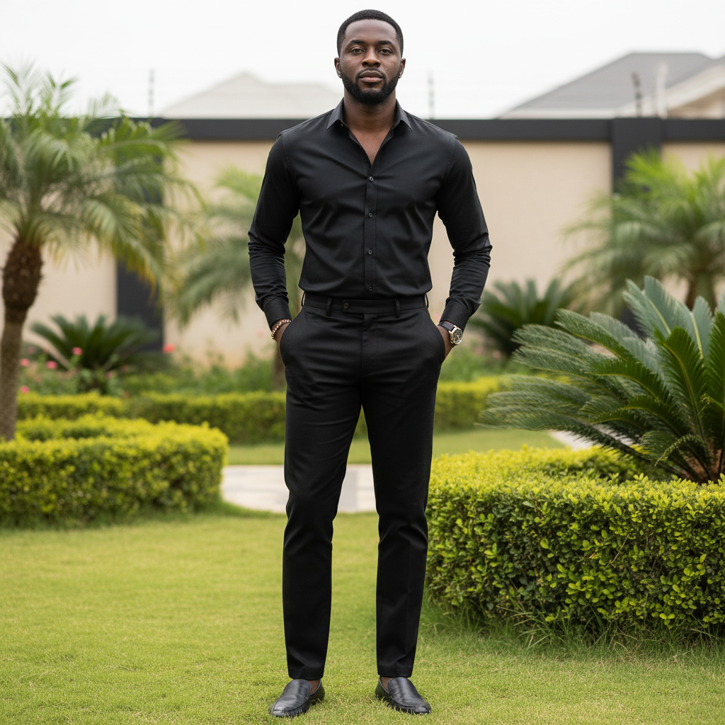Men's Slim Straight-Leg Trousers – Model Shot Black