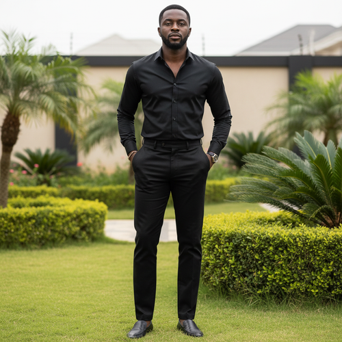 Men's Slim Straight-Leg Trousers – Model Shot Black