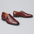 Men's burgundy brown single monk strap dress shoes, front and side view