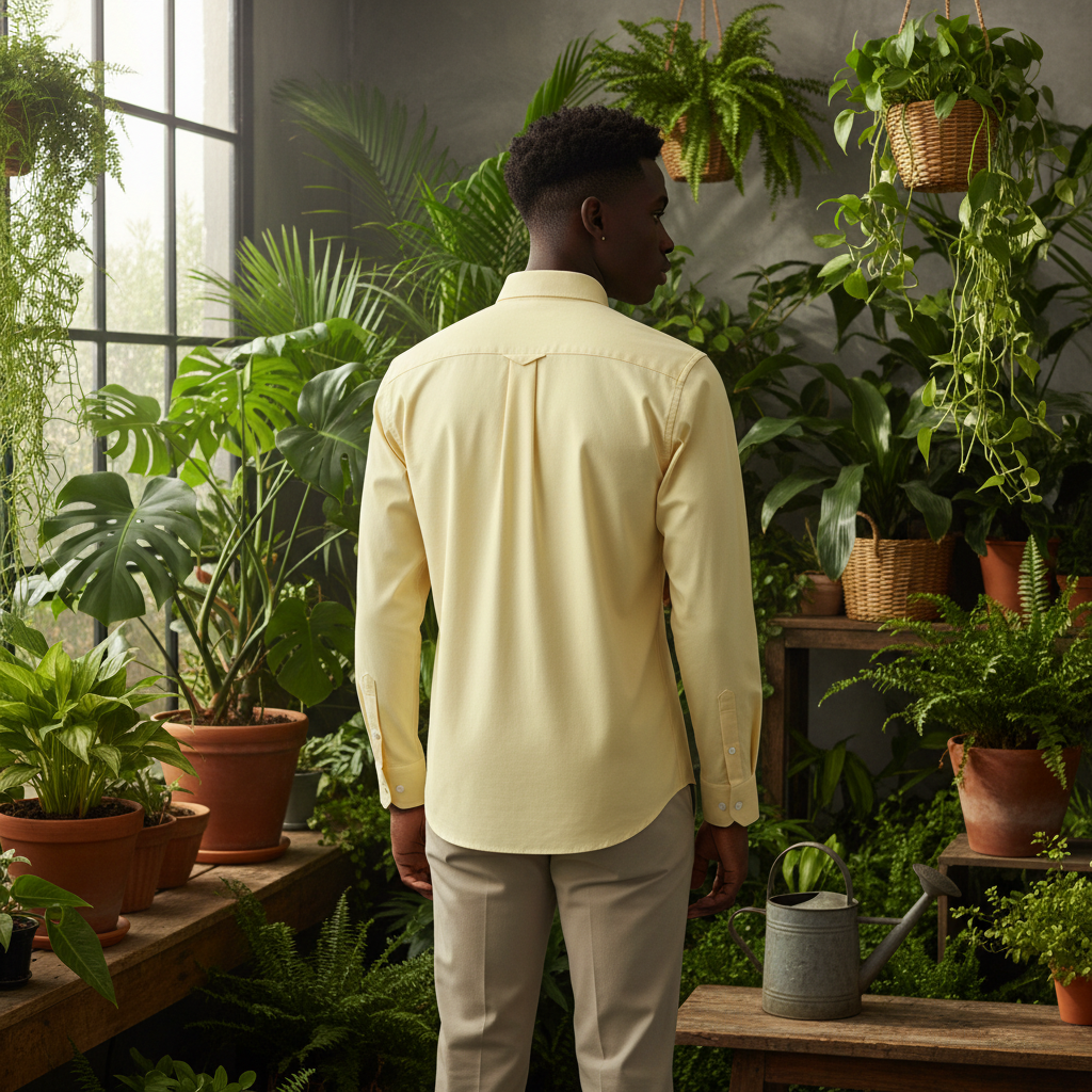 Men's Classic Cream Yellow Long-Sleeve Button-Down Shirt - Back View