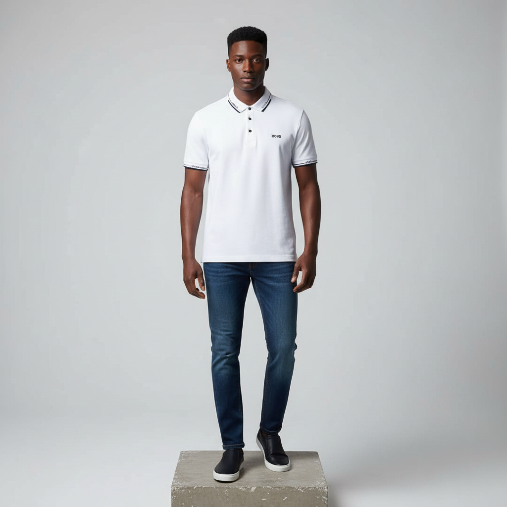 Nigerian male model wearing white navy-tipped polo shirt, front view