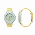 Unisex yellow and light blue octagonal pop watch with soft sage solid waffle dial, front and side view