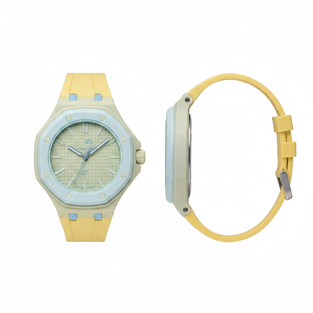 Unisex yellow and light blue octagonal pop watch with soft sage solid waffle dial, front and side view