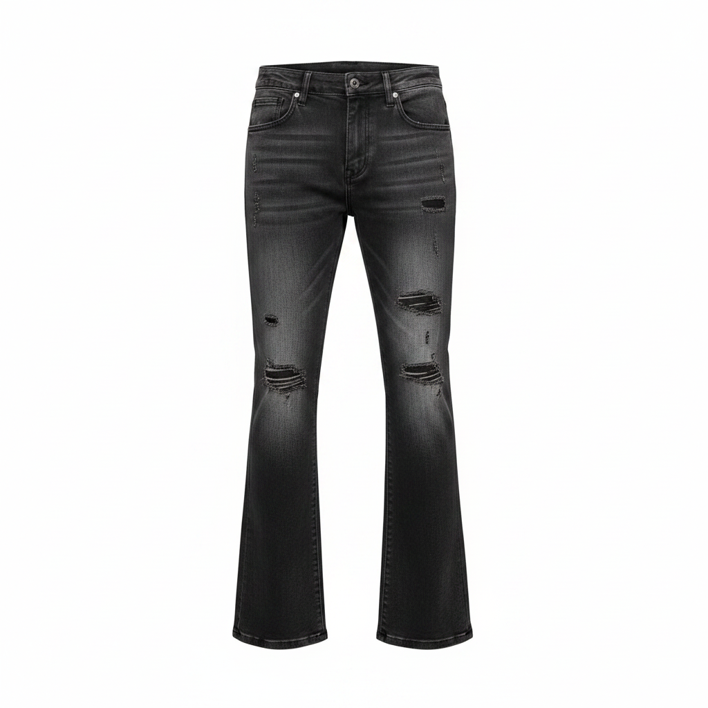 Men's washed black distressed flare jeans – ghost mannequin front view