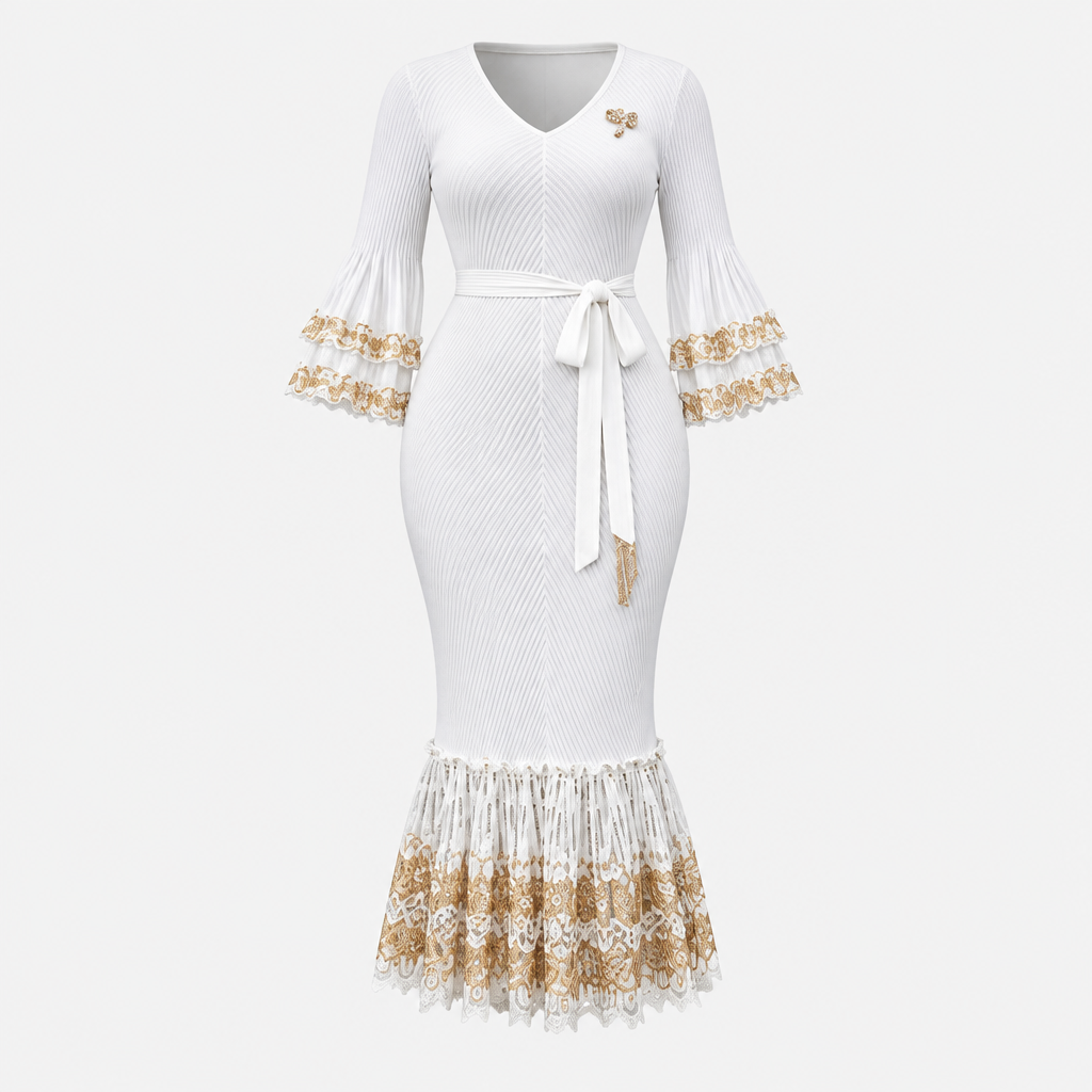 White V-neck gold-trimmed bell sleeve dress on invisible mannequin