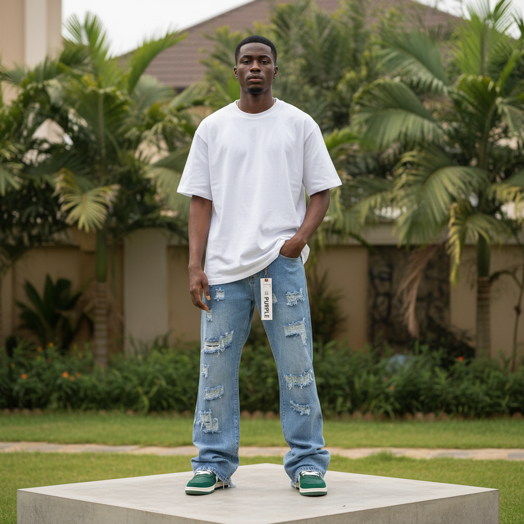 Nigerian male model wearing light blue heavily distressed straight-leg jeans – full body lifestyle shot