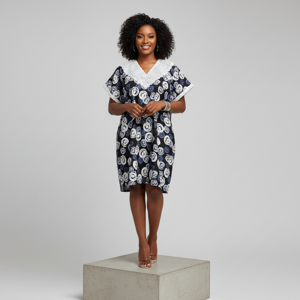 Black & White Swirl Circle Print 3/4 Bubu Gown - Model Front View