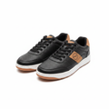 Men's black and tan camel low-top court sneakers ghost mannequin front view