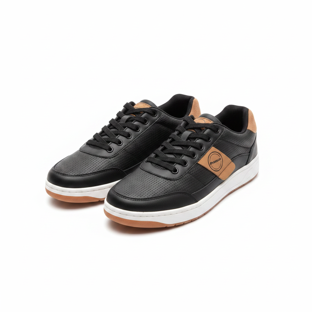 Men's black and tan camel low-top court sneakers ghost mannequin front view