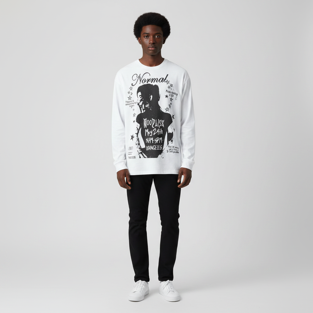 Man wearing the white poster print long sleeve tee