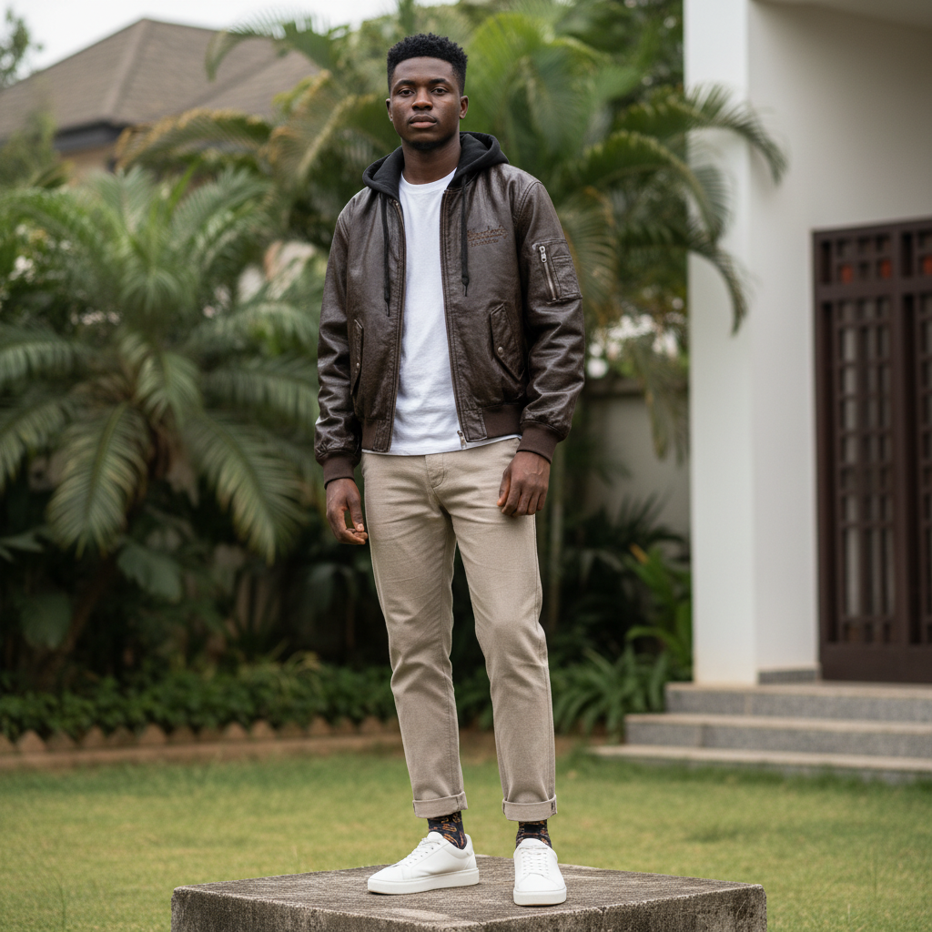 Men's Brown Faux Leather Hooded Bomber Jacket – Nigerian Male Model Shot