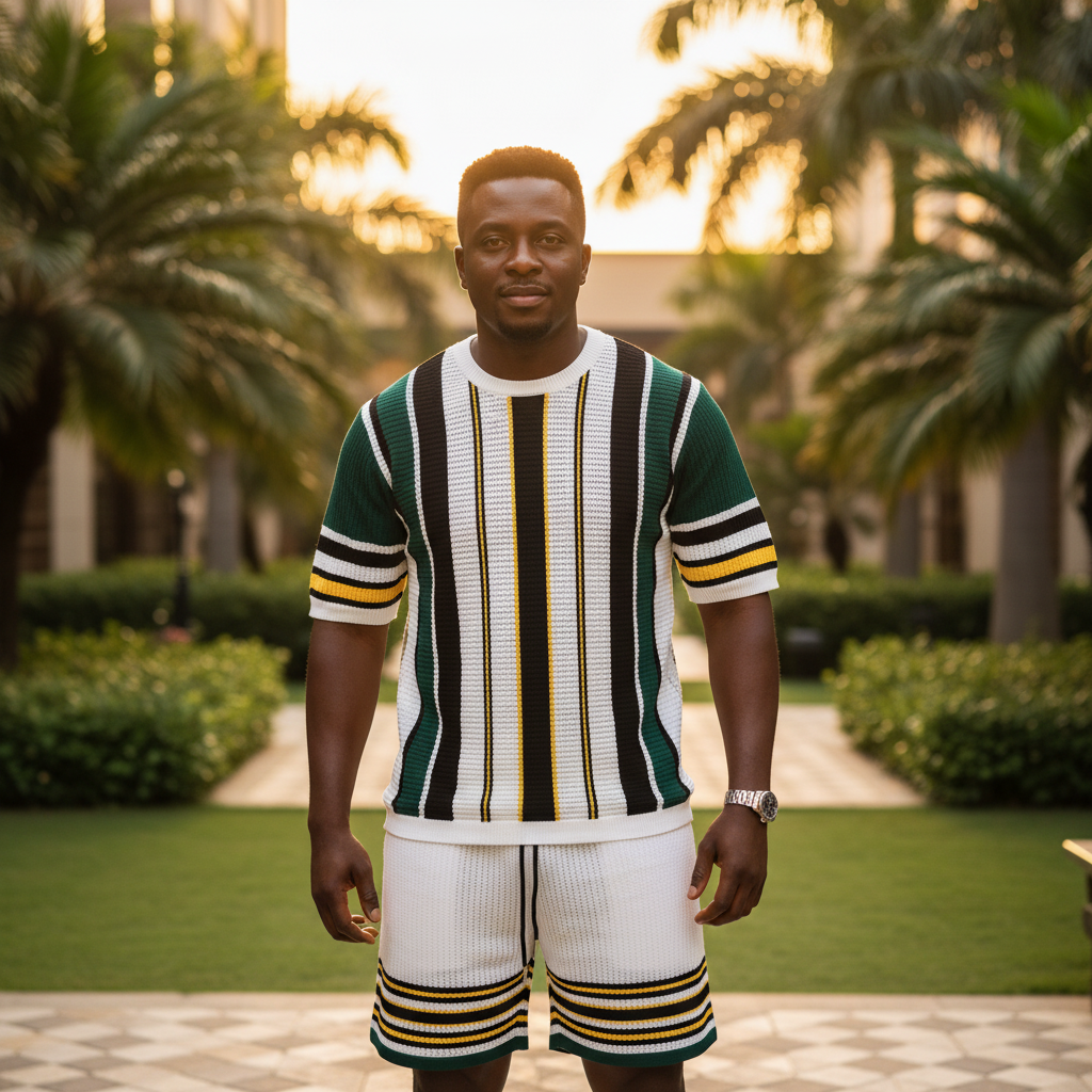 Nigerian male model wearing Men's White Vertical Striped Knit Co-Ord Set