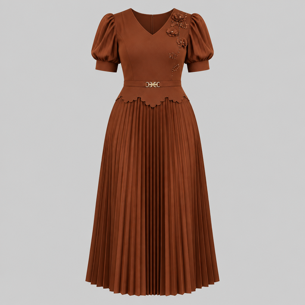 Rust pleated gown on ghost mannequin