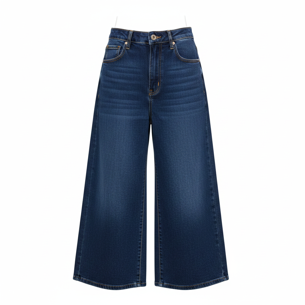 Dark Blue Wide-Leg Denim Culottes - Ghost Mannequin Front