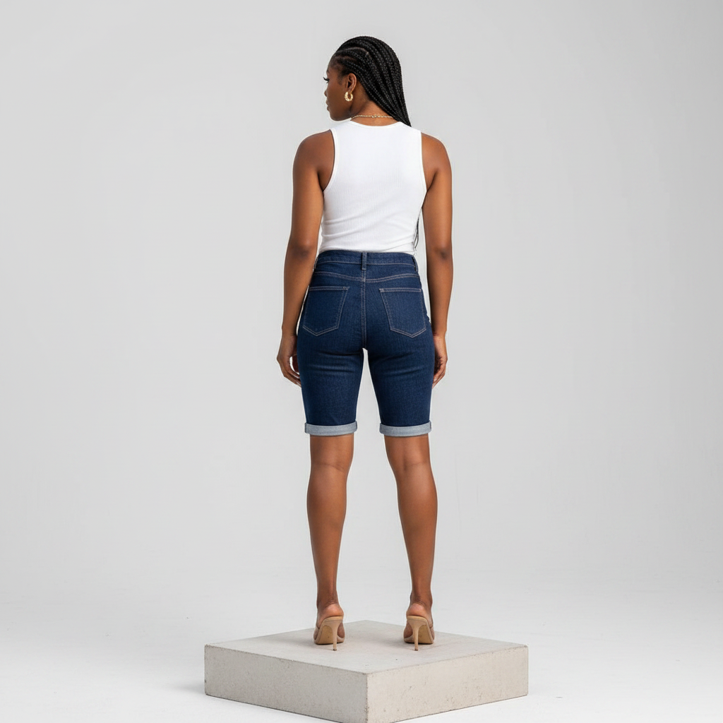 Dark Blue High-Waist Bermuda Denim Shorts – Back Model