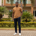 Nigerian male model wearing tan brown striped short sleeve polo shirt