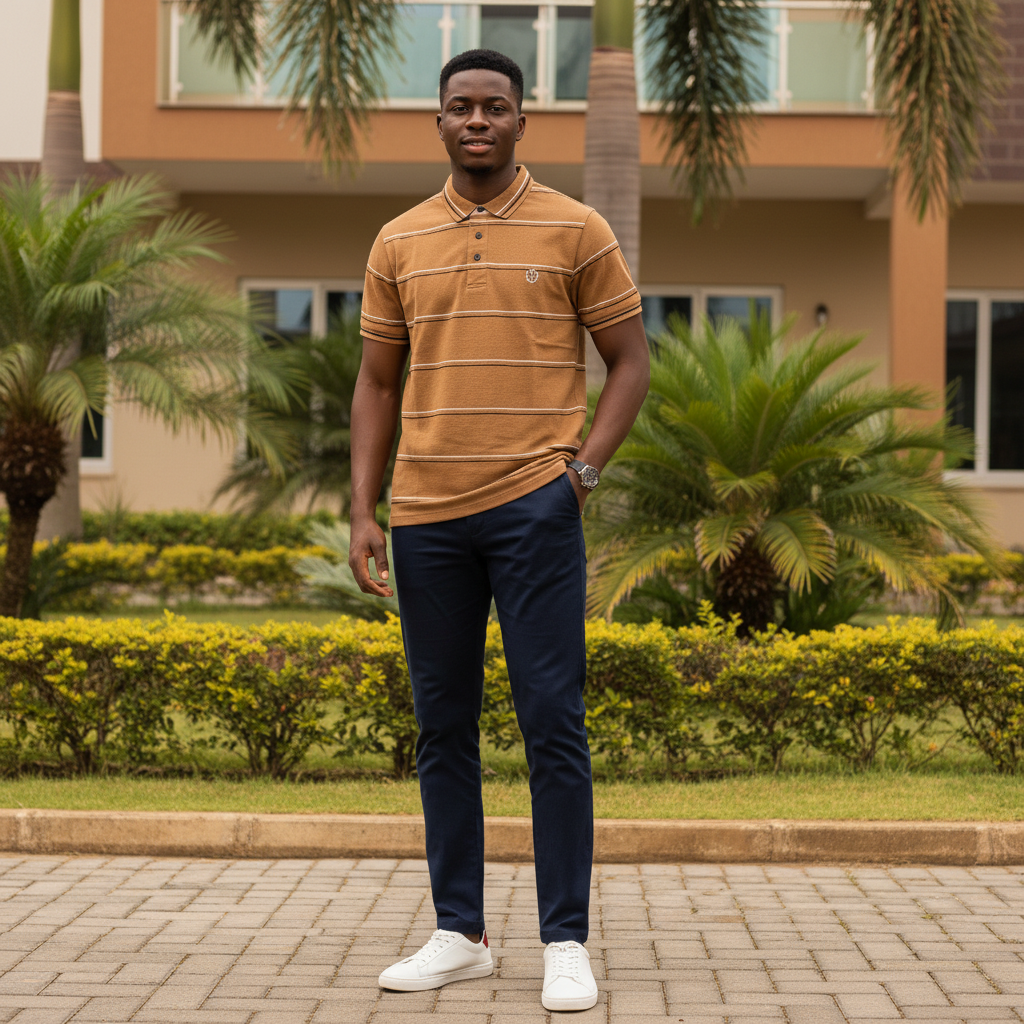 Nigerian male model wearing tan brown striped short sleeve polo shirt