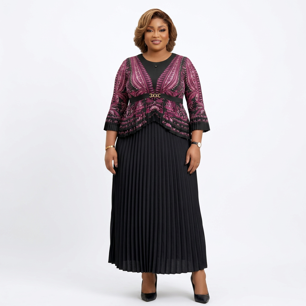 Black adult model wearing a purple patterned top and black pleated maxi skirt