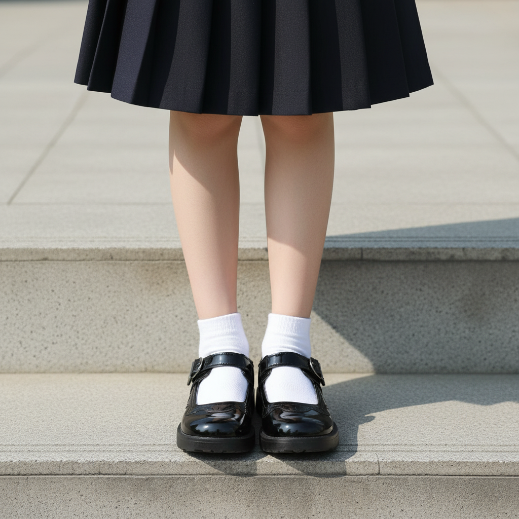 Leg focus shot of black patent wingtip school shoes with platform sole worn with white socks and navy skirt