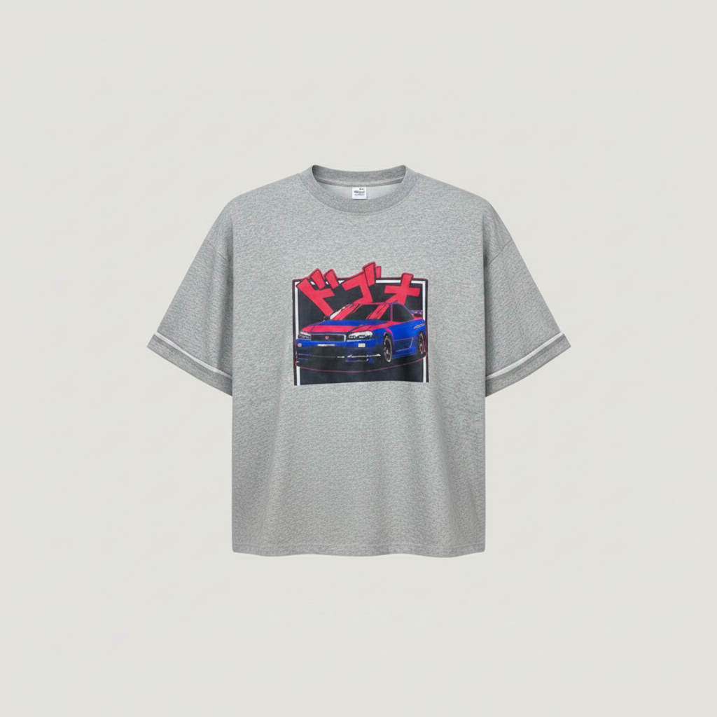 Men's grey Japanese car graphic T-shirt on a ghost mannequin