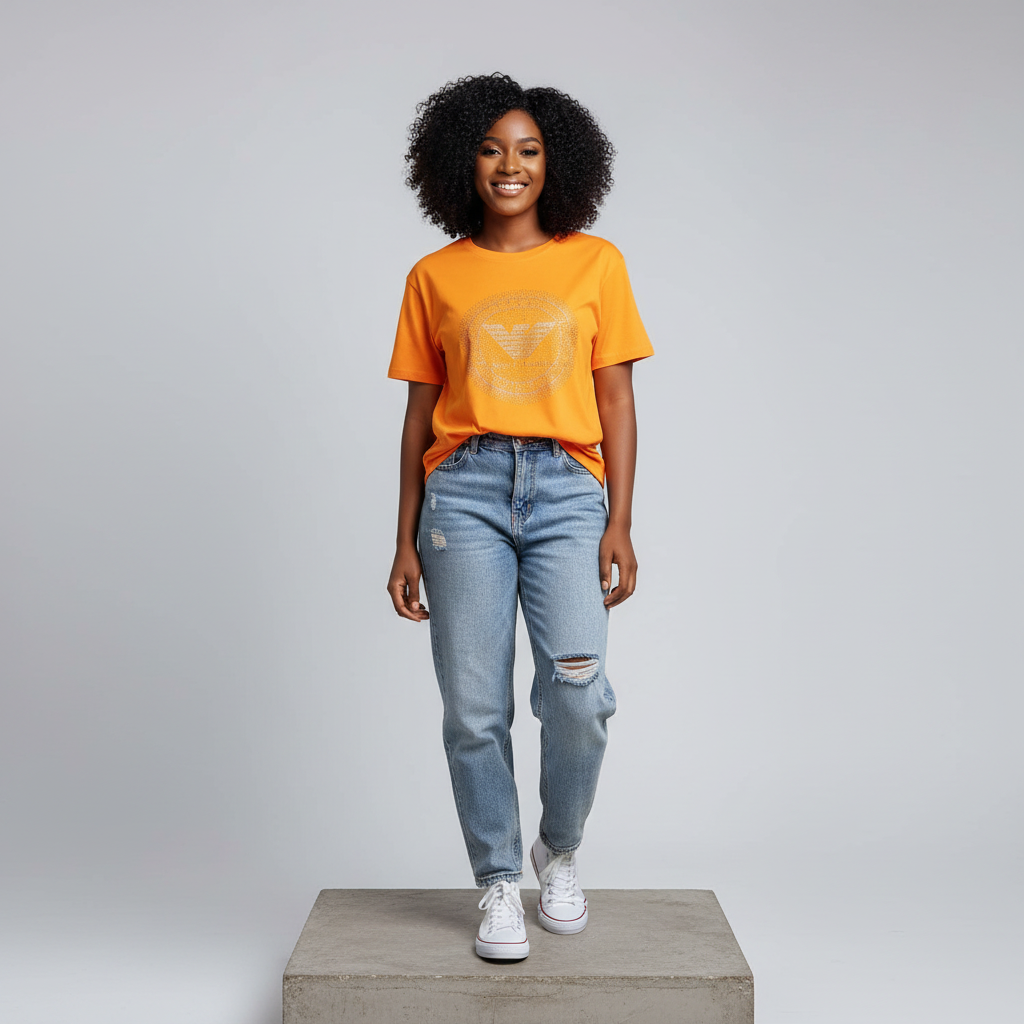 Nigerian female model front view wearing yellow orange rhinestone T-shirt