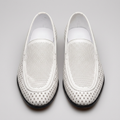 Men's white perforated slip-on loafers, straight-on view of the pair