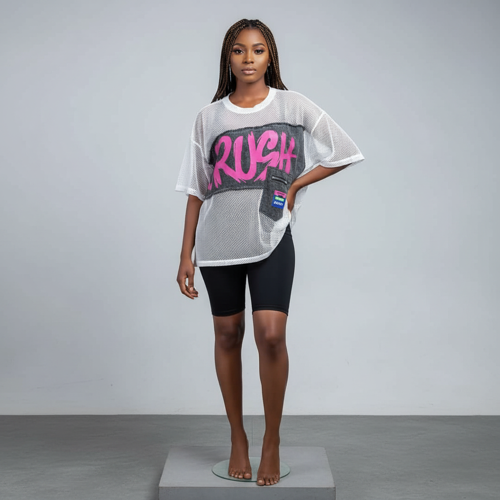 White Mesh Graffiti Patch Oversized Top - Model Front View
