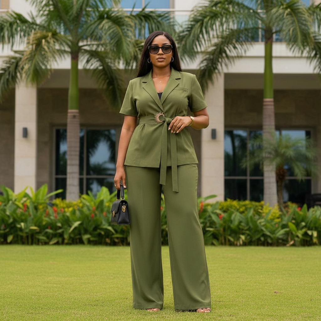 Women's short-sleeve tie-waist blazer co-ord set in olive green – Nigerian female model front view