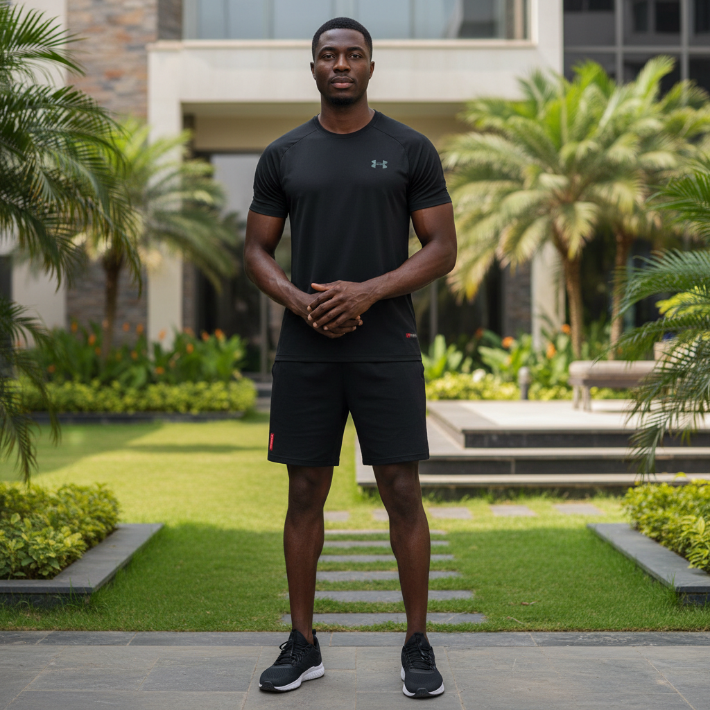Nigerian male model wearing jet black short-sleeve sports jersey