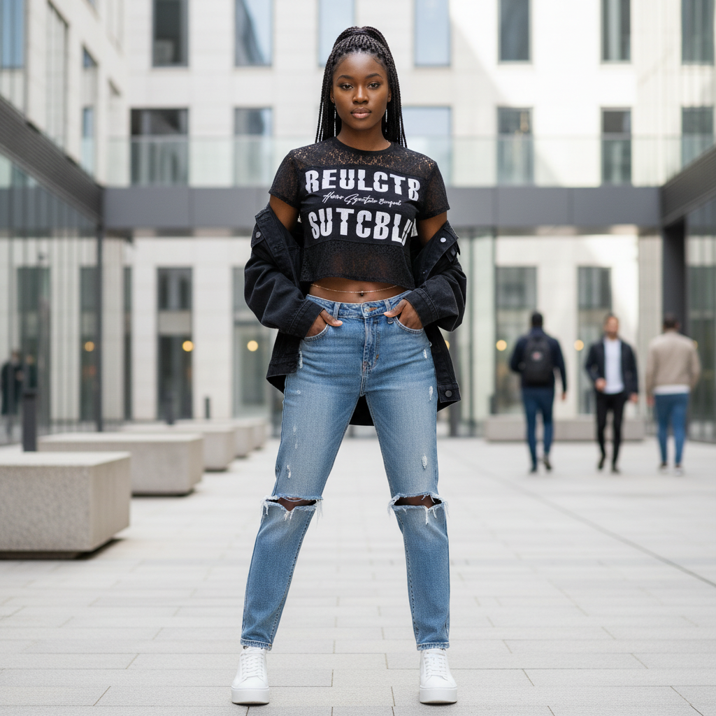 Young Nigerian female model wearing signature slogan black lace crop tee