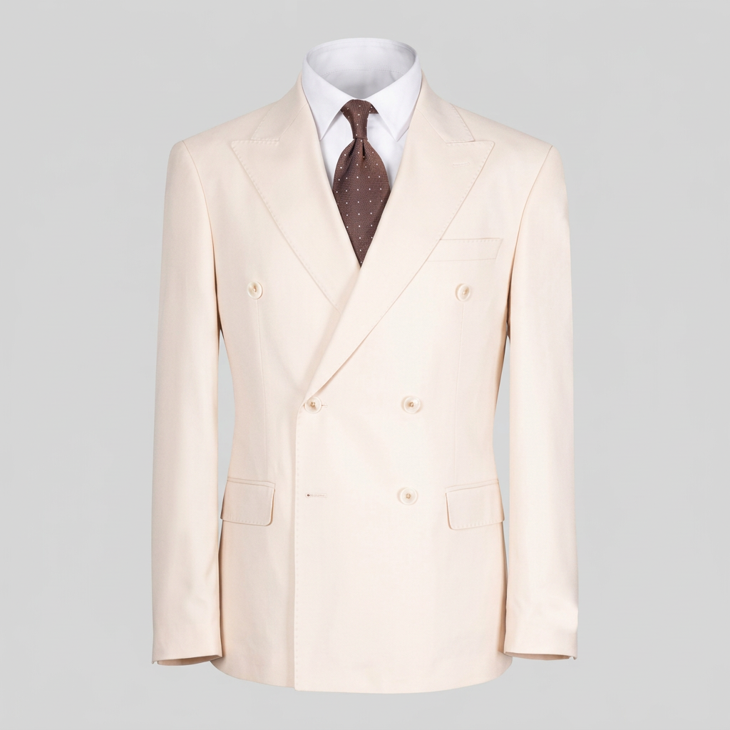 Cream double-breasted suit jacket in ghost mannequin styling
