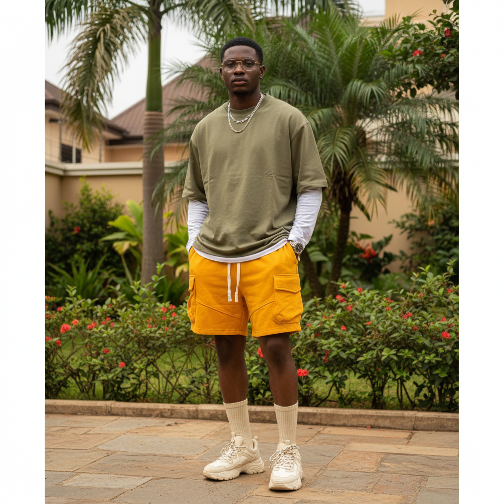 Nigerian male model wearing mustard yellow utility cargo sweat shorts — full body streetwear shot