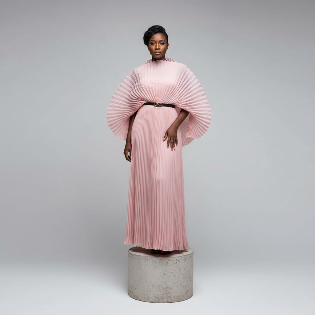 Pink Pleated Cape Sleeve Maxi Dress - Model Front View