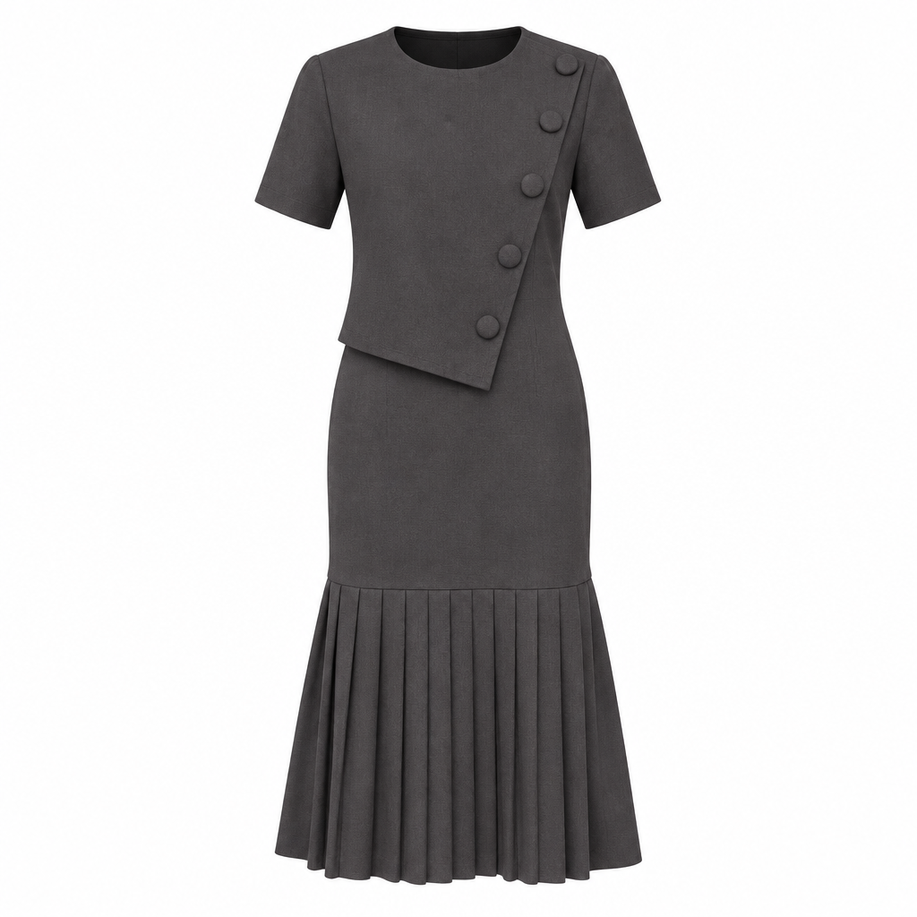 Women's charcoal grey asymmetric button midi dress with pleated hem, ghost mannequin front view