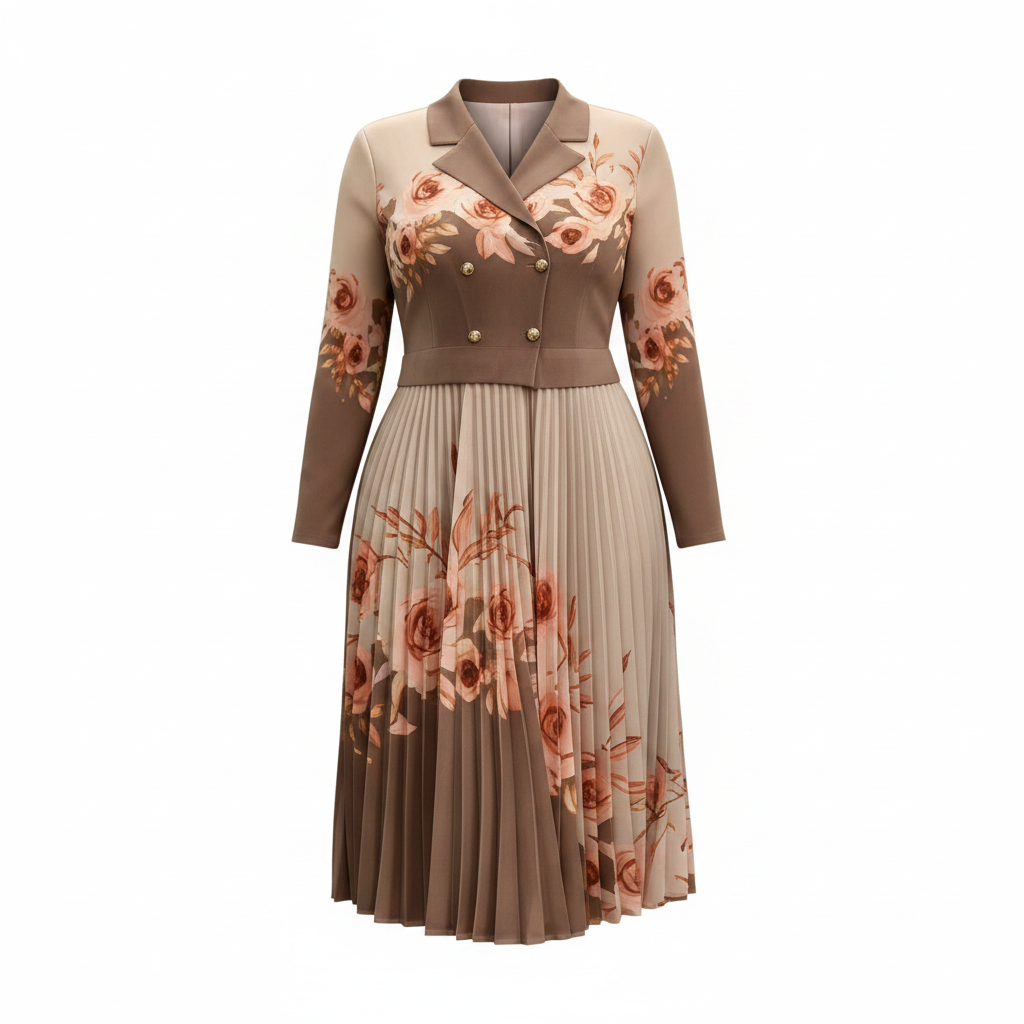 Ghost mannequin view of taupe floral double-breasted pleated midi dress