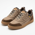 Pair of taupe and brown textured-panel gum-sole sneakers on a white background