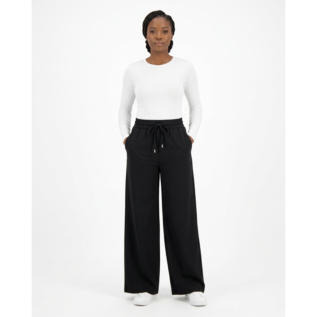 Black adult model wearing black drawstring wide-leg trousers