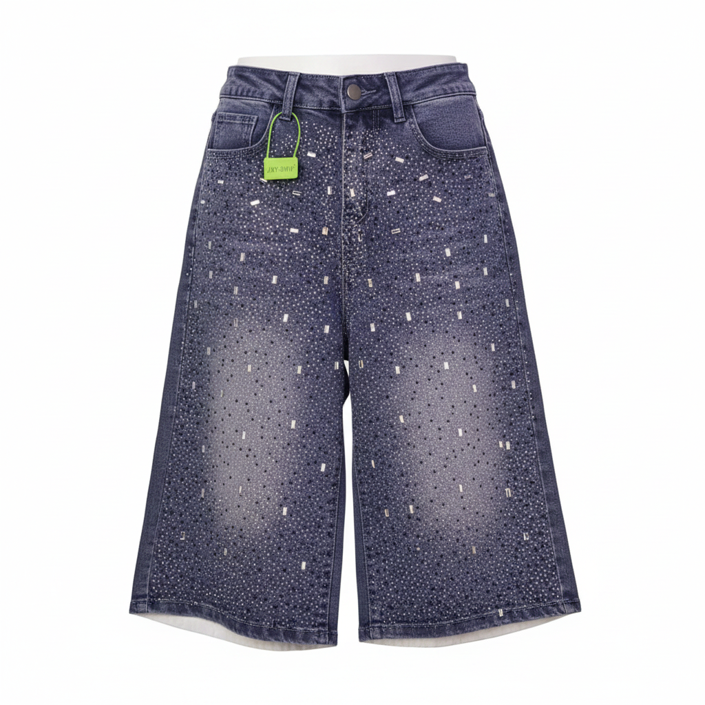 Navy Purple Rhinestone Wide-Leg Denim Shorts - Ghost Mannequin Front
