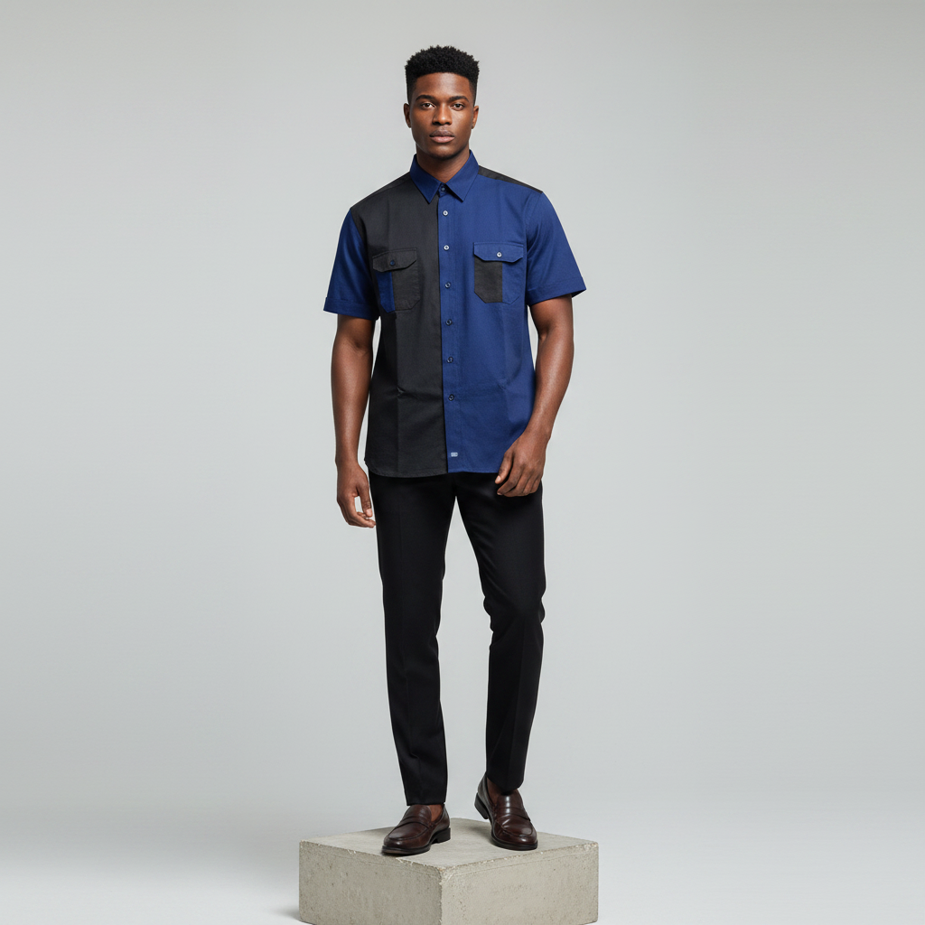Nigerian male model wearing navy and black colour-block short-sleeved shirt