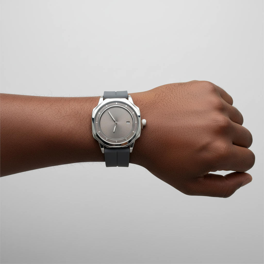 Grey dial silver-tone wristwatch worn on a Black man's wrist