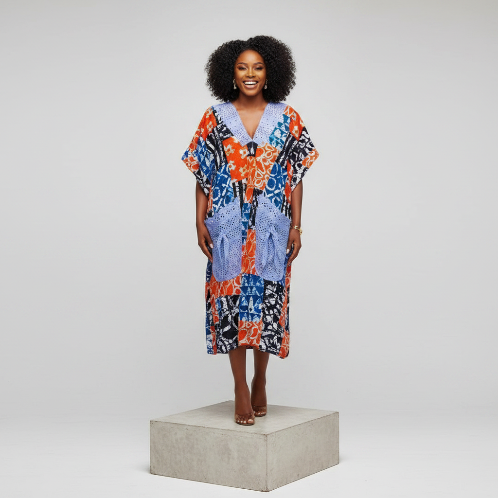 Blue Orange Adire Patchwork 3/4 Bubu Gown – Model Front View