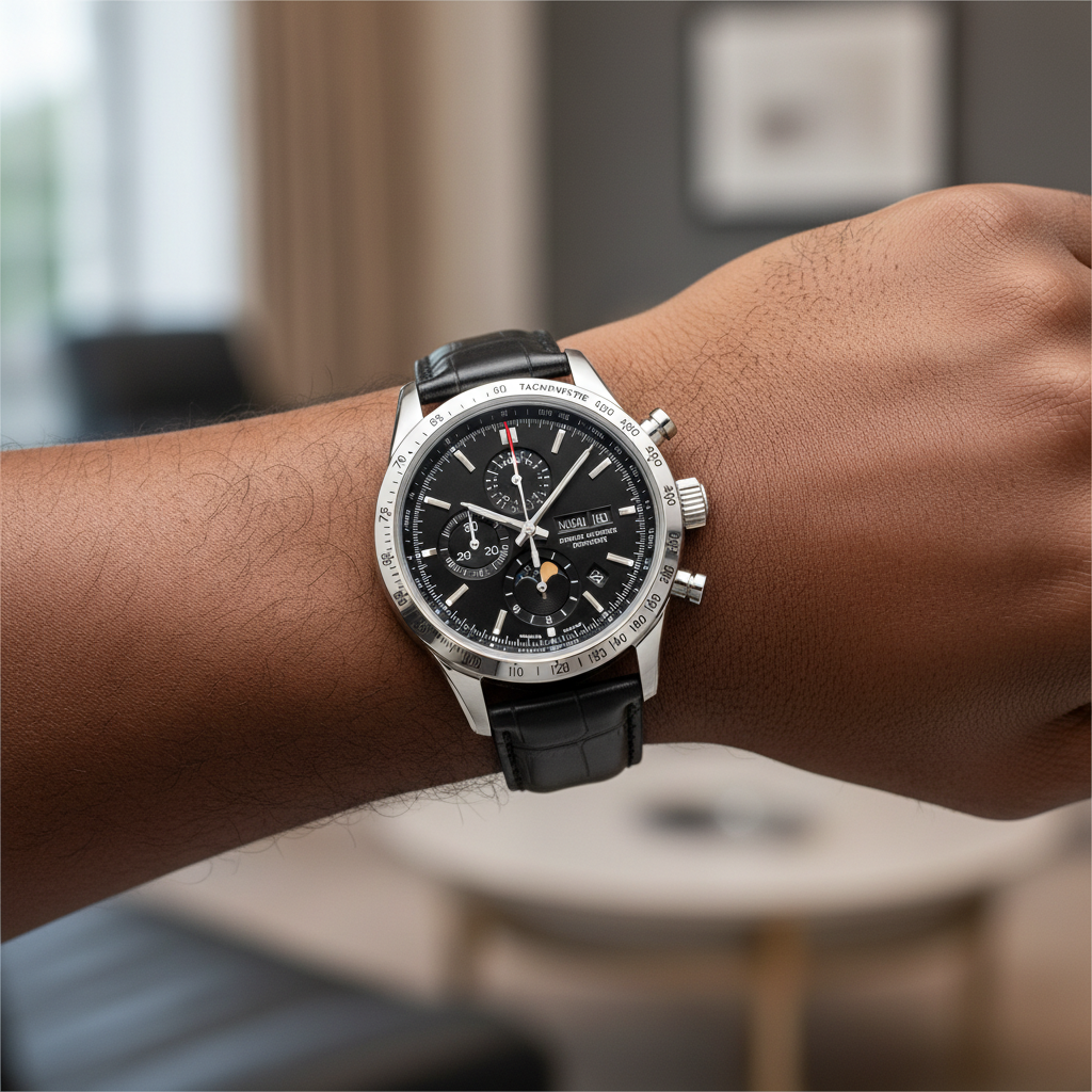 Men's silver steel chronograph black dial moon phase watch worn on Nigerian male model wrist — black leather strap lifestyle wrist shot