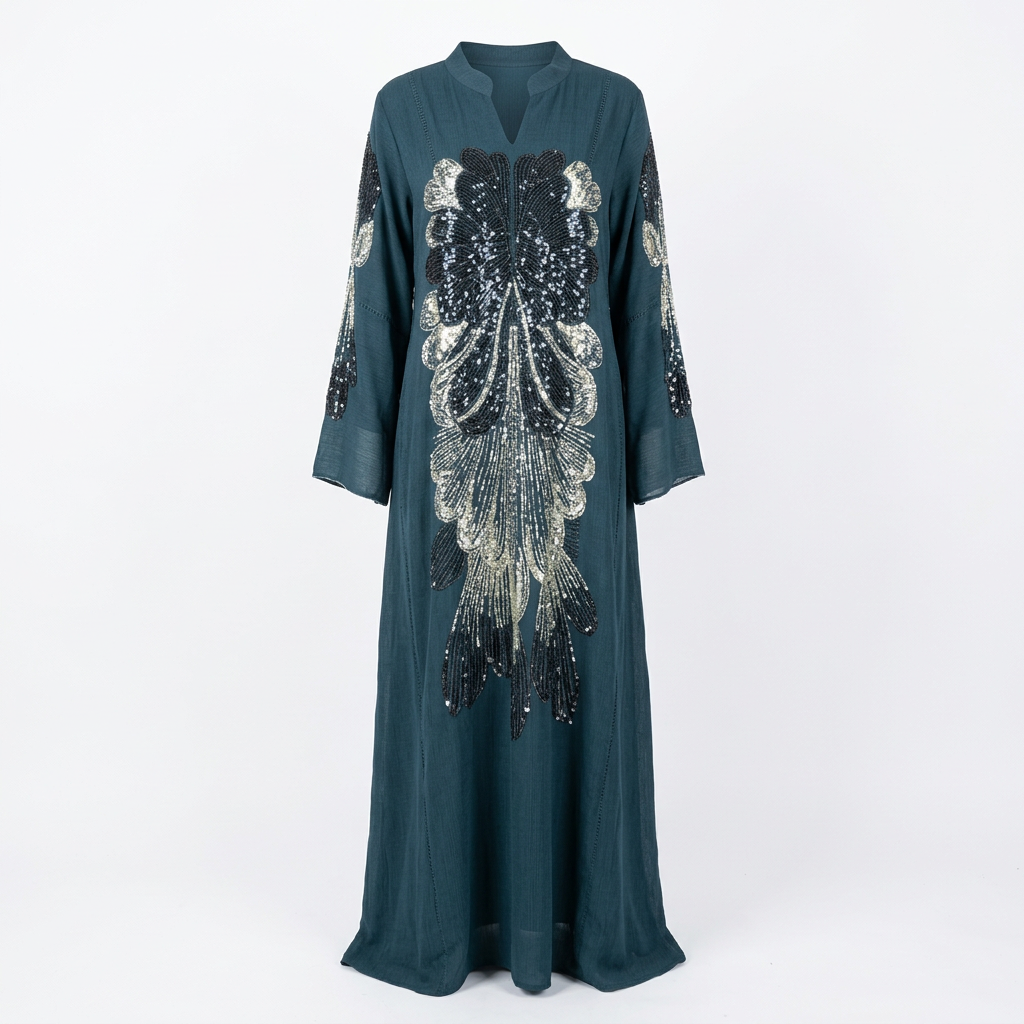 Deep teal abaya with shimmering ornamental front motif on an invisible mannequin