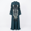 Deep teal abaya with shimmering ornamental front motif on an invisible mannequin
