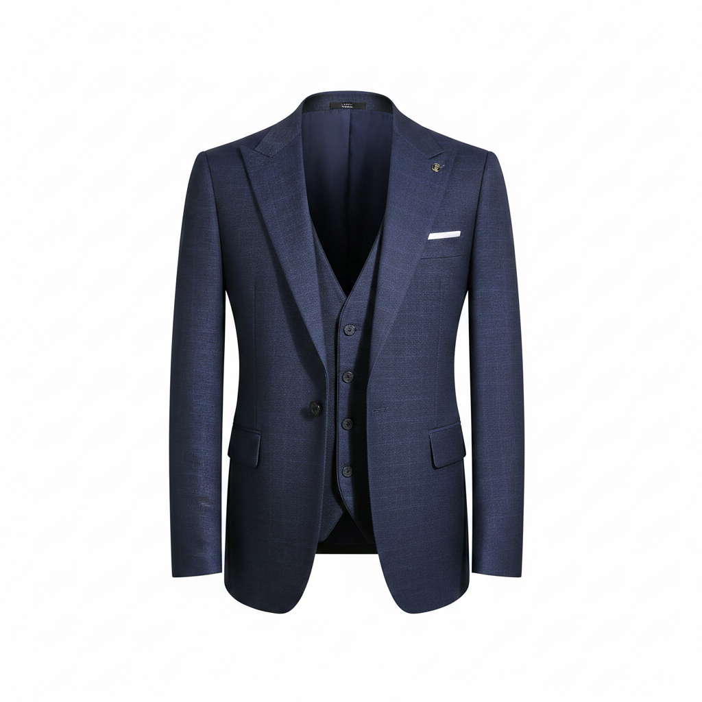 Deep navy blue jacquard 3-piece suit ghost mannequin view