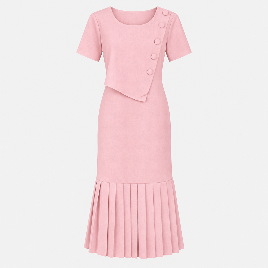 Pale pink midi dress with asymmetric five-button bodice and pleated hem